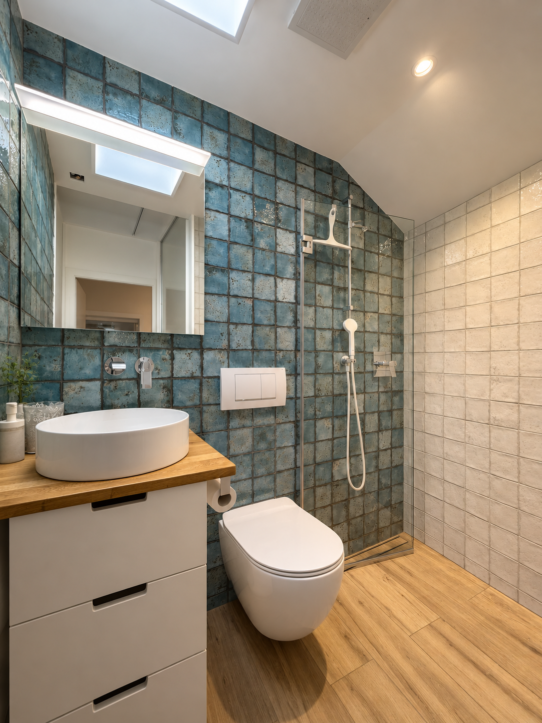 Salle de bains rénovée avec carrelage bleu, douche à l'italienne et vasque, à Lutry